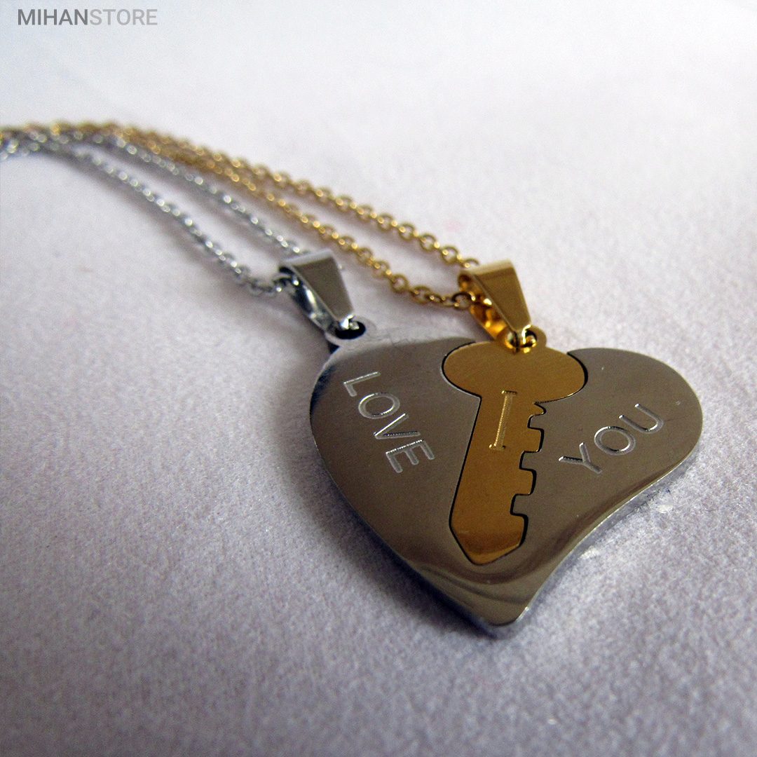 خرید ست گردنبند عاشقانه قلب و کلید؛ گردنبند زوج با حک I LOVE YOU - تصویر 7