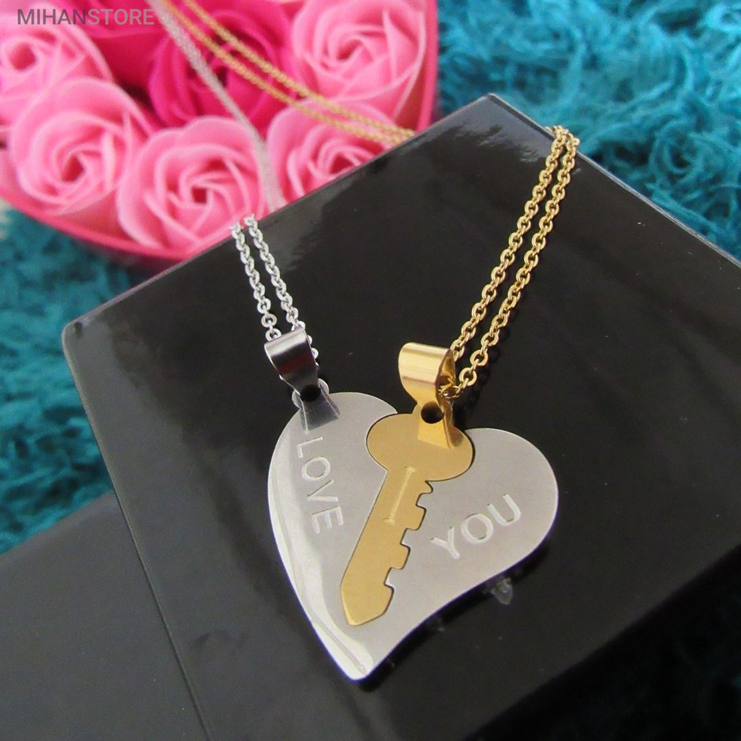 خرید ست گردنبند عاشقانه قلب و کلید؛ گردنبند زوج با حک I LOVE YOU - تصویر 9