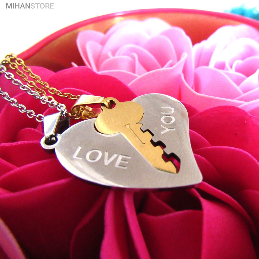 خرید ست گردنبند عاشقانه قلب و کلید؛ گردنبند زوج با حک I LOVE YOU - تصویر 10