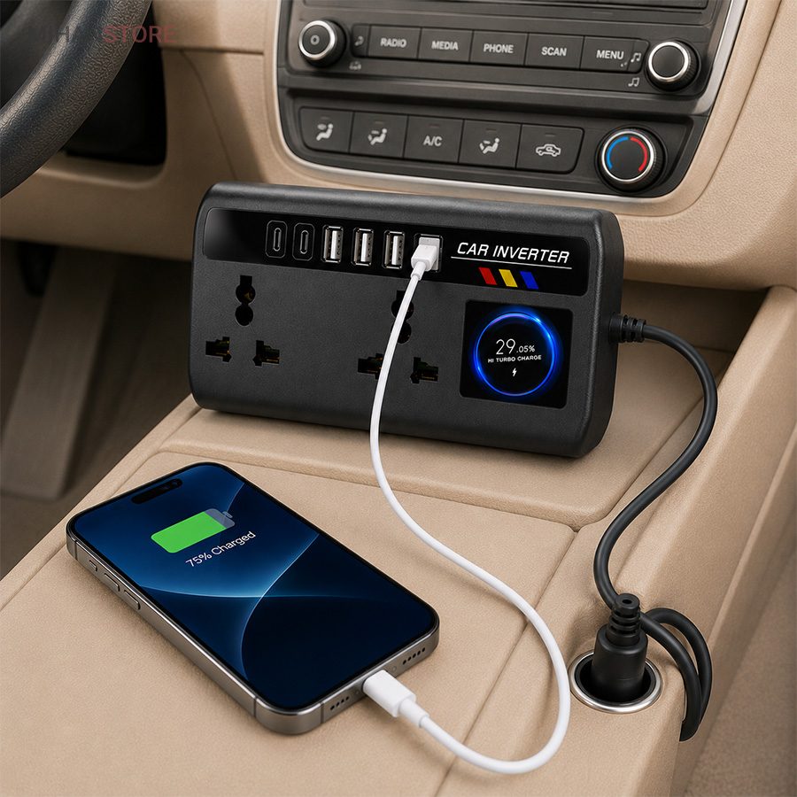 خرید مبدل برق خودرو فندکی؛ اینورتر ۲۰۰ وات با ۴ پورت USB و Type-C - تصویر 3